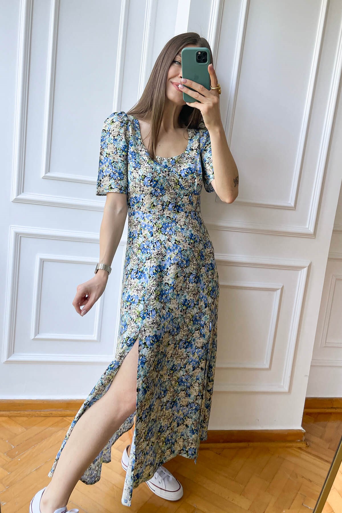 Yeniden yapıştırmak Dış mekan anlaşılmaz  Mavi Çiçekli Çift Yırtmaçlı Elbise | SUESTORE