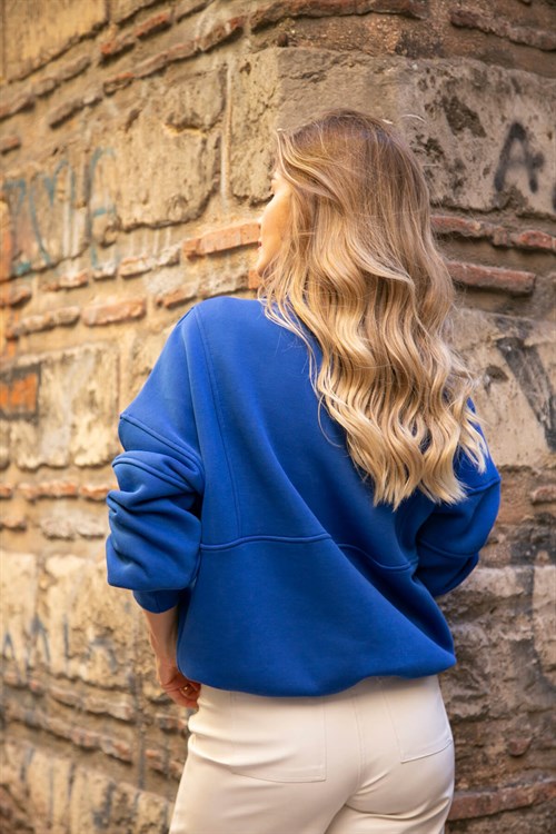 Mavi Fermuarlı Sweatshirt