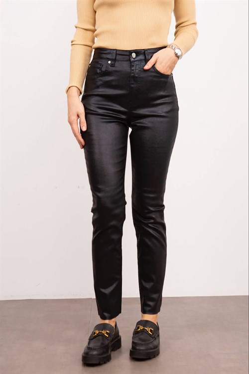 Siyah Yüksek Bel Deri Görünümlü Skinny Jean