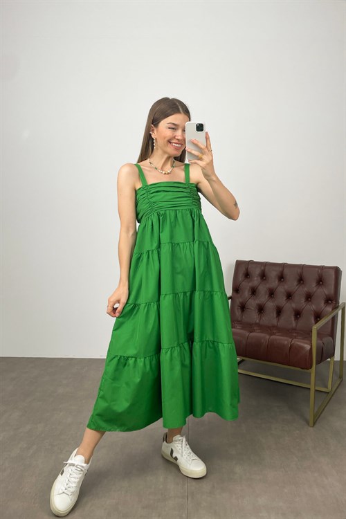 Yeşil Kalın Askılı Drapeli Elbise